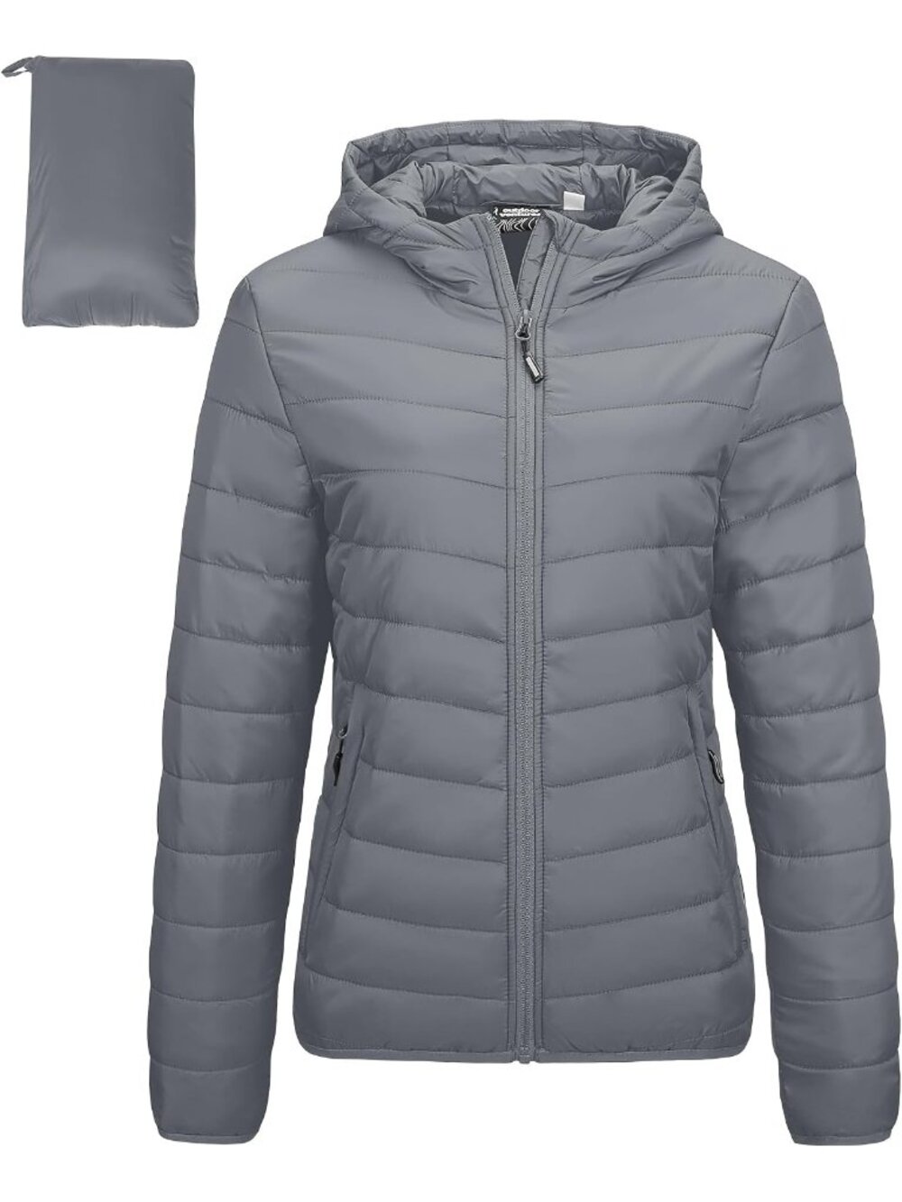Women Foggy Grey Solid Packable Hooded Full-Zip Warm Winter Quilted Puffer Coat